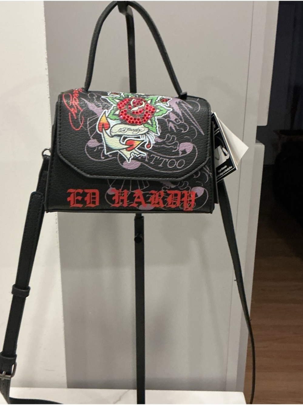Ed Hardy Black Crossbody with Red Rose & Green Leaf Tattoo Motif